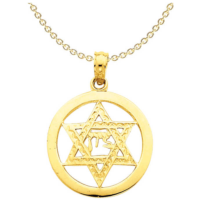 14K Two-Tone Gold Jewish Star of David with Textured Menorah Pendant Necklace 
